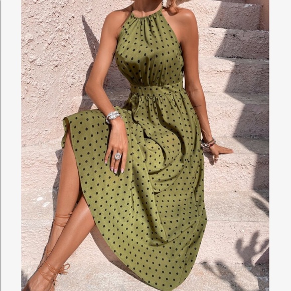 Boho Polka Dot Halter Maxi Dress BLUE - Picture 7 of 13